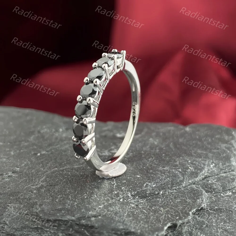 NEW Certified 3mm Black Moissanite 7 Stone Half Eternity Band Ring